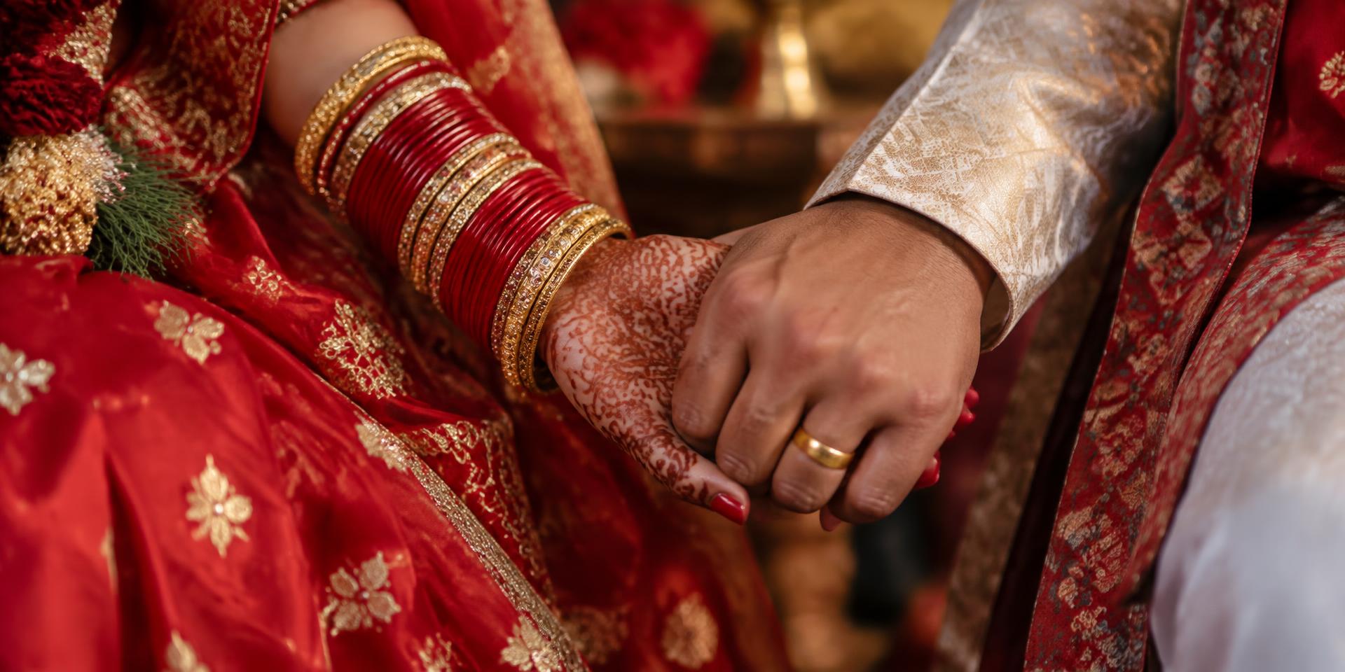A bride's hennaed hand with red and gold bangles held by the groom wearing a gold wedding ring