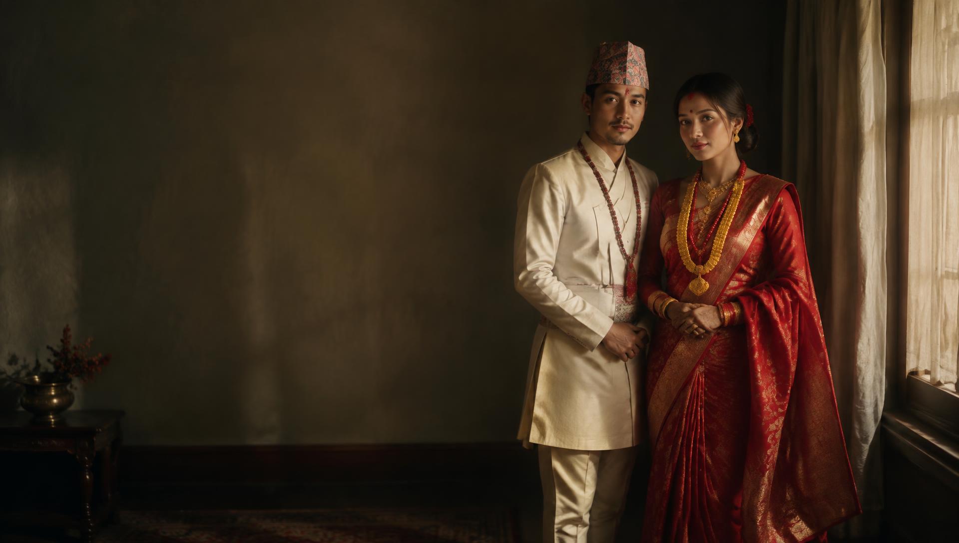 Nepali bride in a red sari and gold tilhari standing beside the groom in daura suruwal